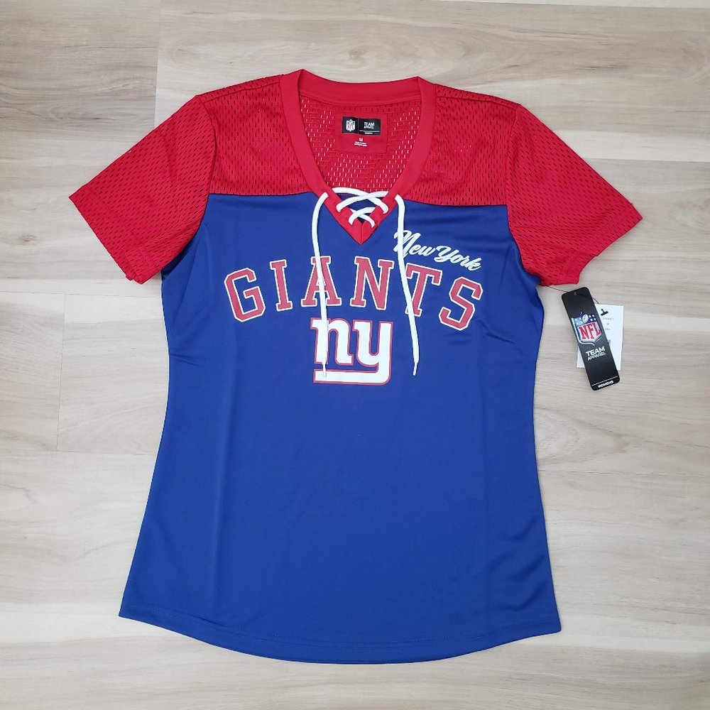 New York Giants New Era Women's Raglan Lace-Up T-Shirt Royal Blue/Red -Medium